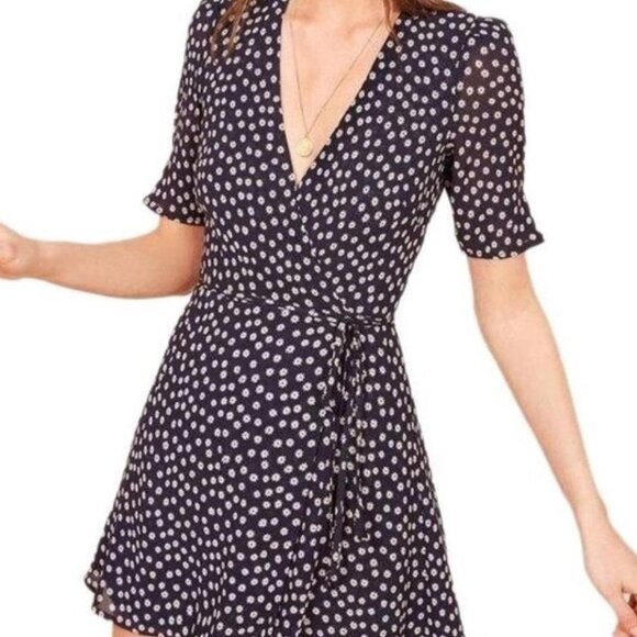 Reformation Navy & White Mini Wrap Dress (Medium) - Picture 1 of 4